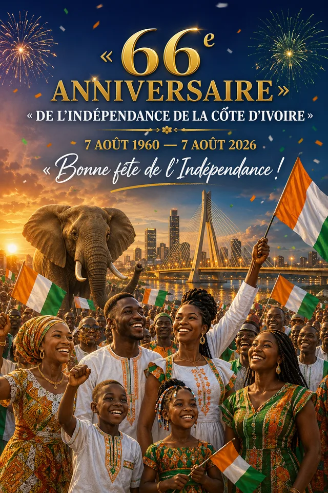 66e anniversaire de l'indépendance de la Côte d'Ivoire — 7 août 1960 – 7 août 2026 — Bonne fête de l'Indépendance !